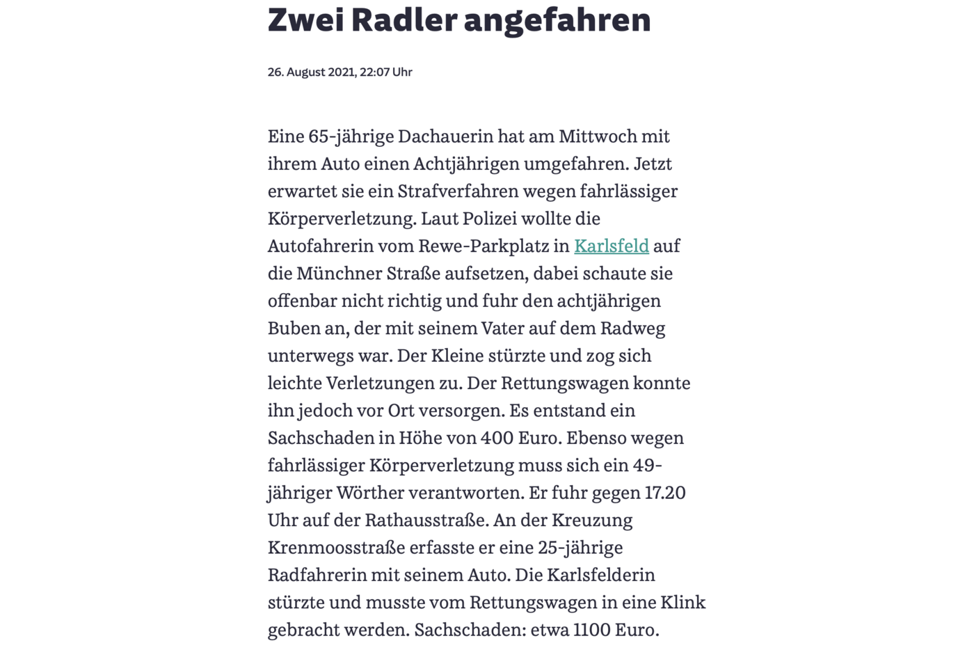 Artikel aus der SZ Dachau vom 26.08.2021 mit der Überschrift "Zwei Radler angefahren"