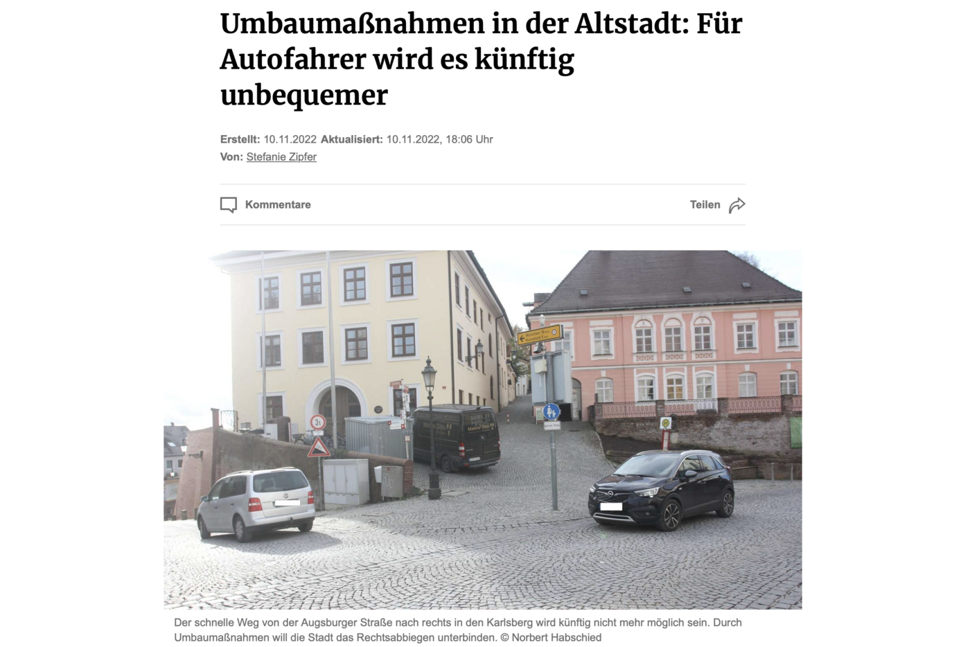 Artikel aus den Dachauer Nachrichten vom 10.11.2022 mit der Überschrift "Umbaumaßnahmen in der Altstadt: Für Autofahrer wird es künftig unbequemer"