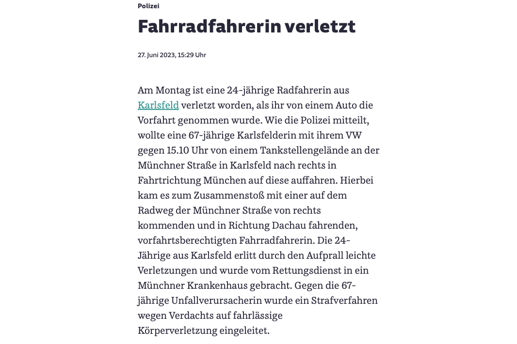 Artikel aus der SZ Dachau vom 27.06.2023 mit der Überschrift "Fahrradfahrerin verletzt"