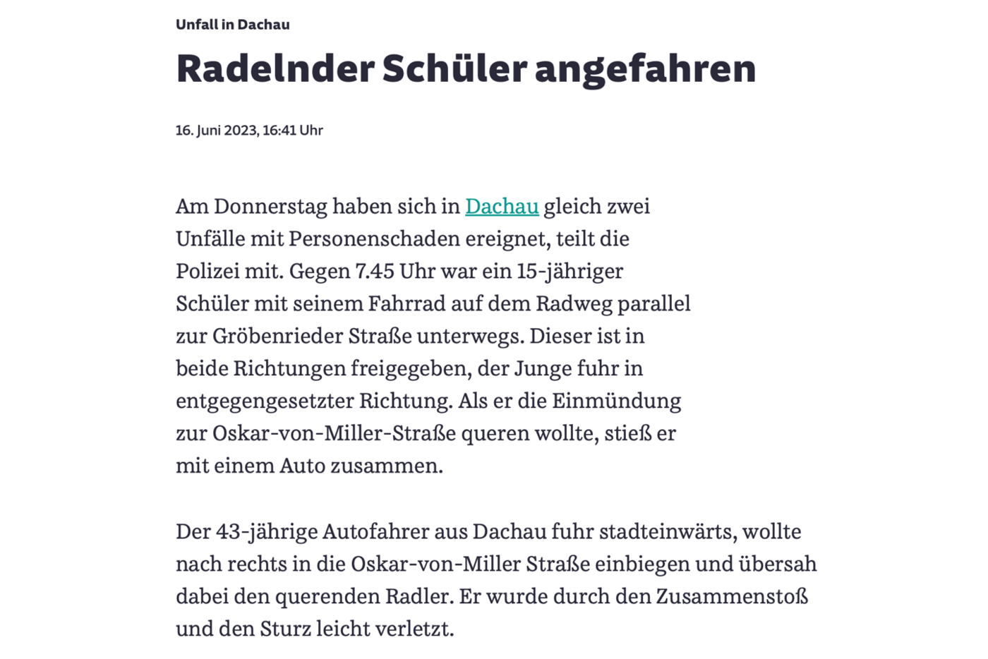 Artikel aus der SZ Dachau vom 16.06.2023 mit der Überschrift "Radelnder Schüler angefahren"