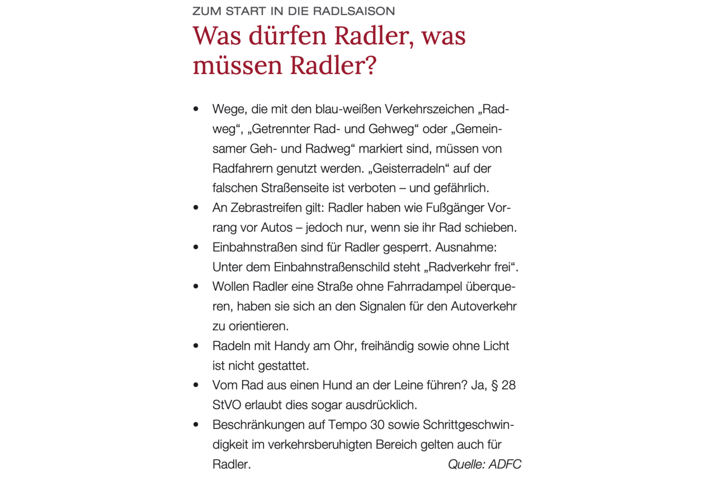 Artikel aus dem Dachauer Stadtmagazin "Stadt im Gespräch", Ausgabe 08. März – 09. Mai 2018, mit der Überschrift "Was dürfen Radler, was müssen Radler?"