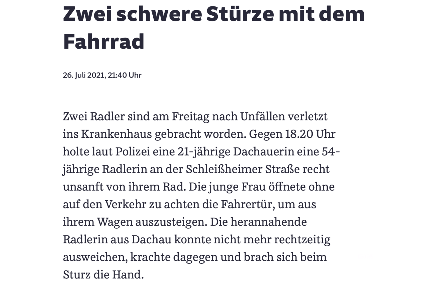 Artikel aus der SZ Dachau vom 26.07.2021 mit der Überschrift "Zwei schwere Stürze mit dem Fahrrad"
